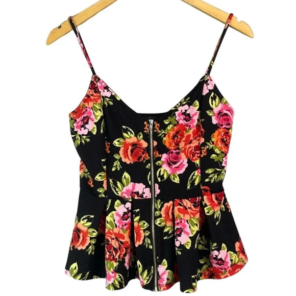 ECLIPSE Rose Floral Peplum Top Zip Embellished Spaghetti Strap Black Red Pink M - Picture 2 of 9